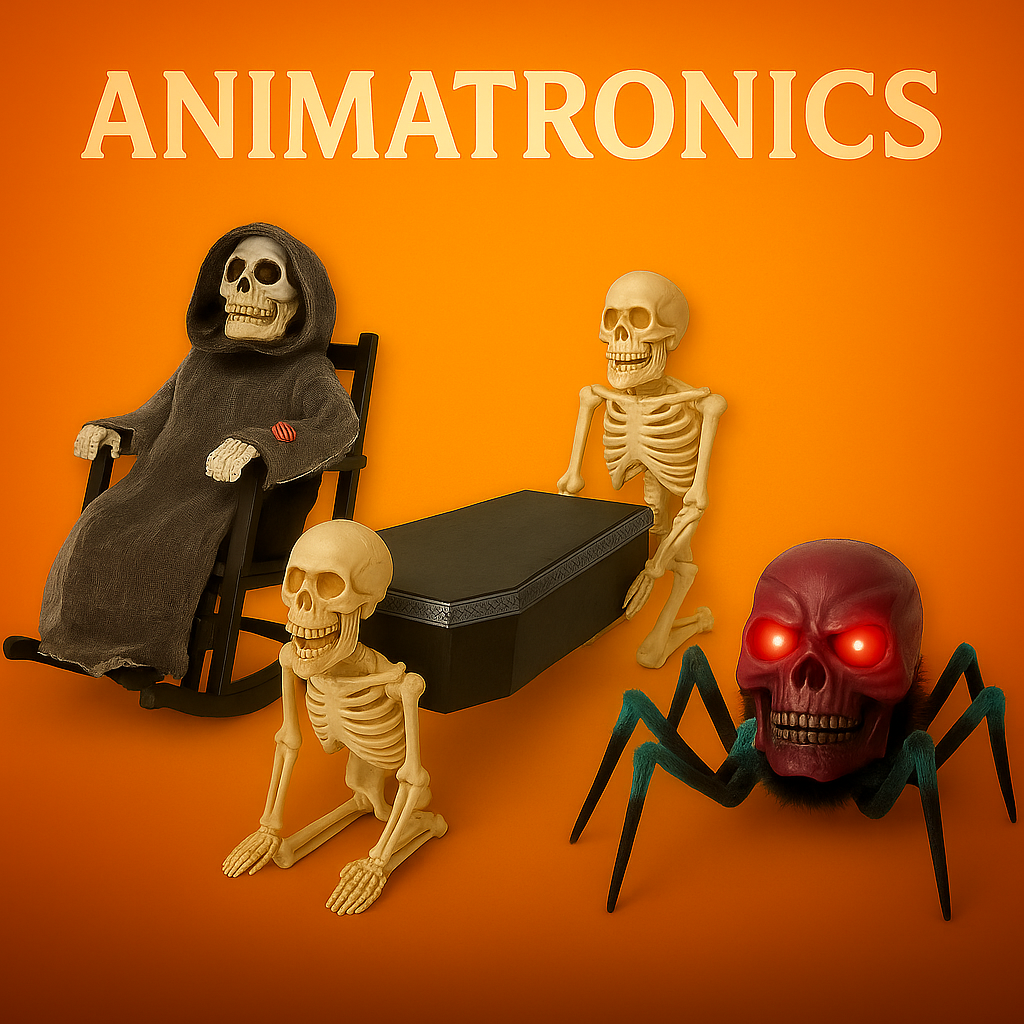Halloween animatronics including skeletons with coffin, spider skull, and grim reaper in rocking chair