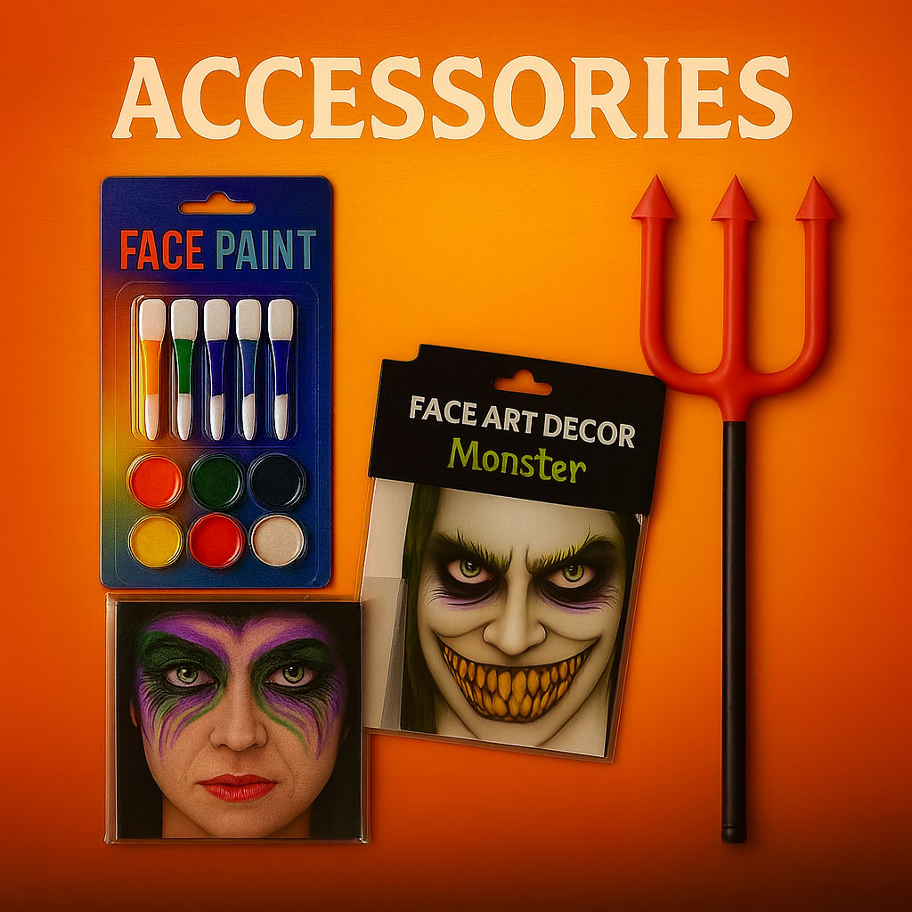 Halloween accessories including colorful face paint, monster face decor, and a red devil trident on an orange background.