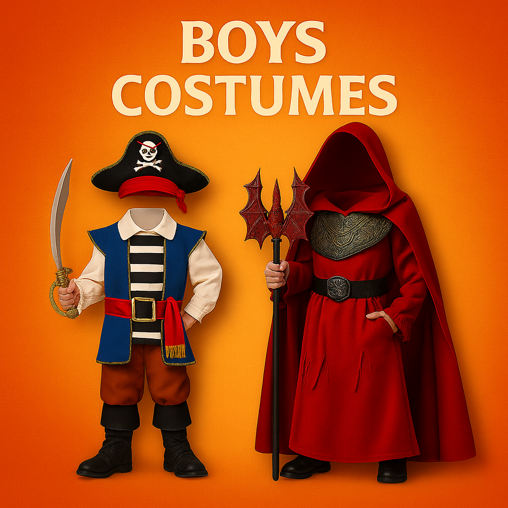 Boys Halloween costumes including pirate and red-hooded wizard outfi