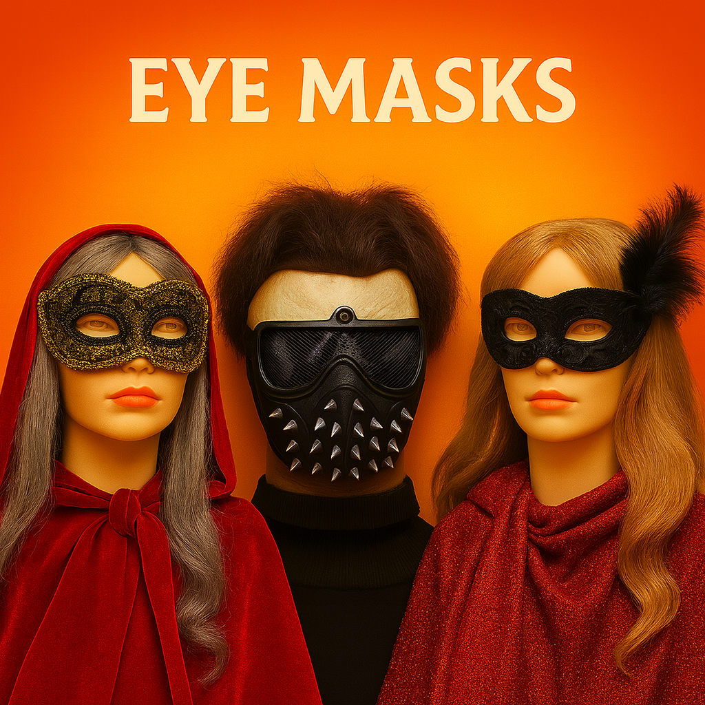 Three mannequins wearing gold, black, and spiked Halloween eye masks.