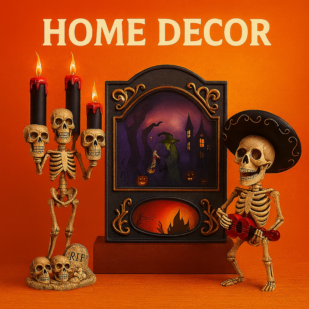 Skeleton candle holders and spooky witch frame with Halloween decor.