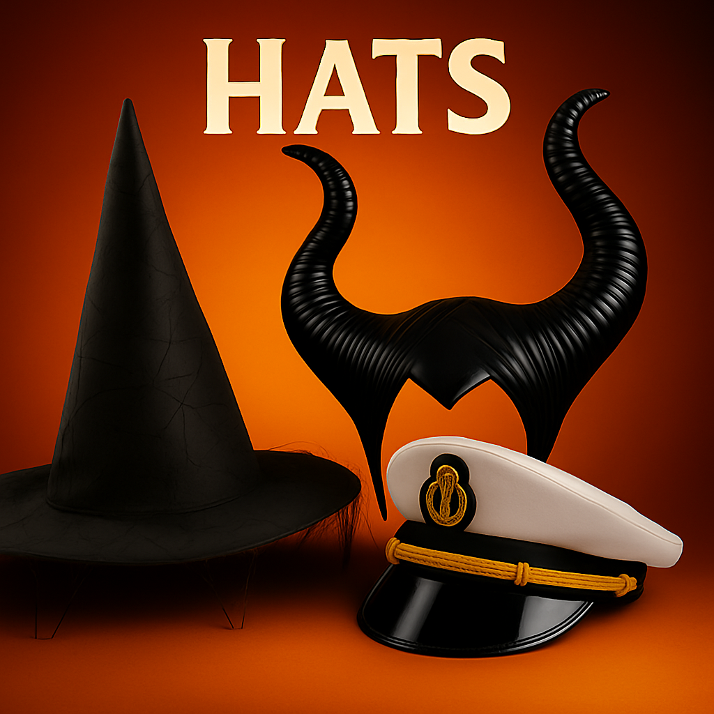Halloween hats including witch hat, horned headpiece, and sailor cap.