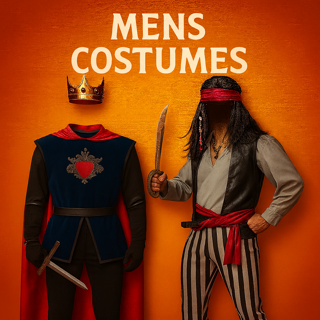 Mens Halloween costumes — medieval knight and pirate outfits.
