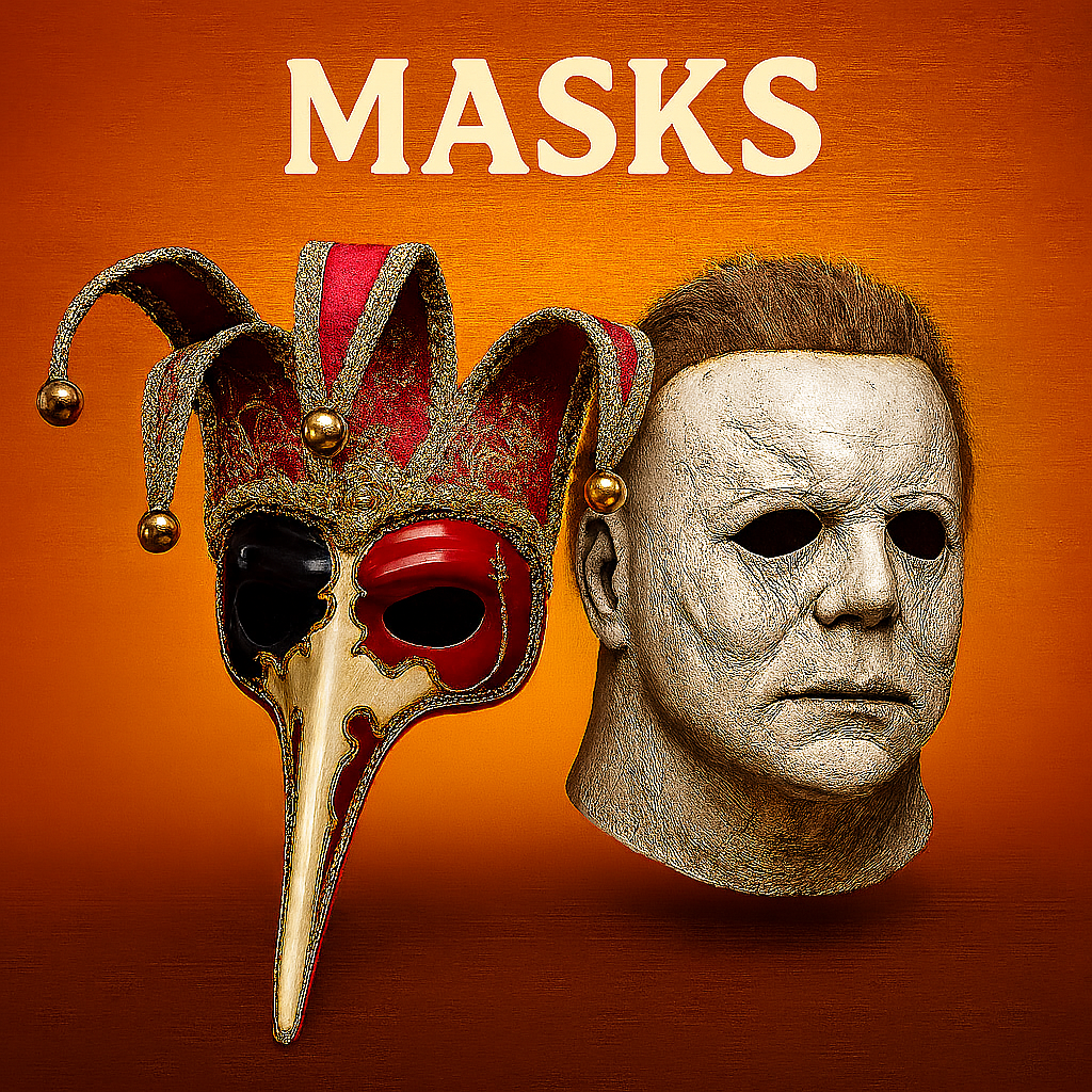 Two Halloween masks — jester and horror movie-style mask.