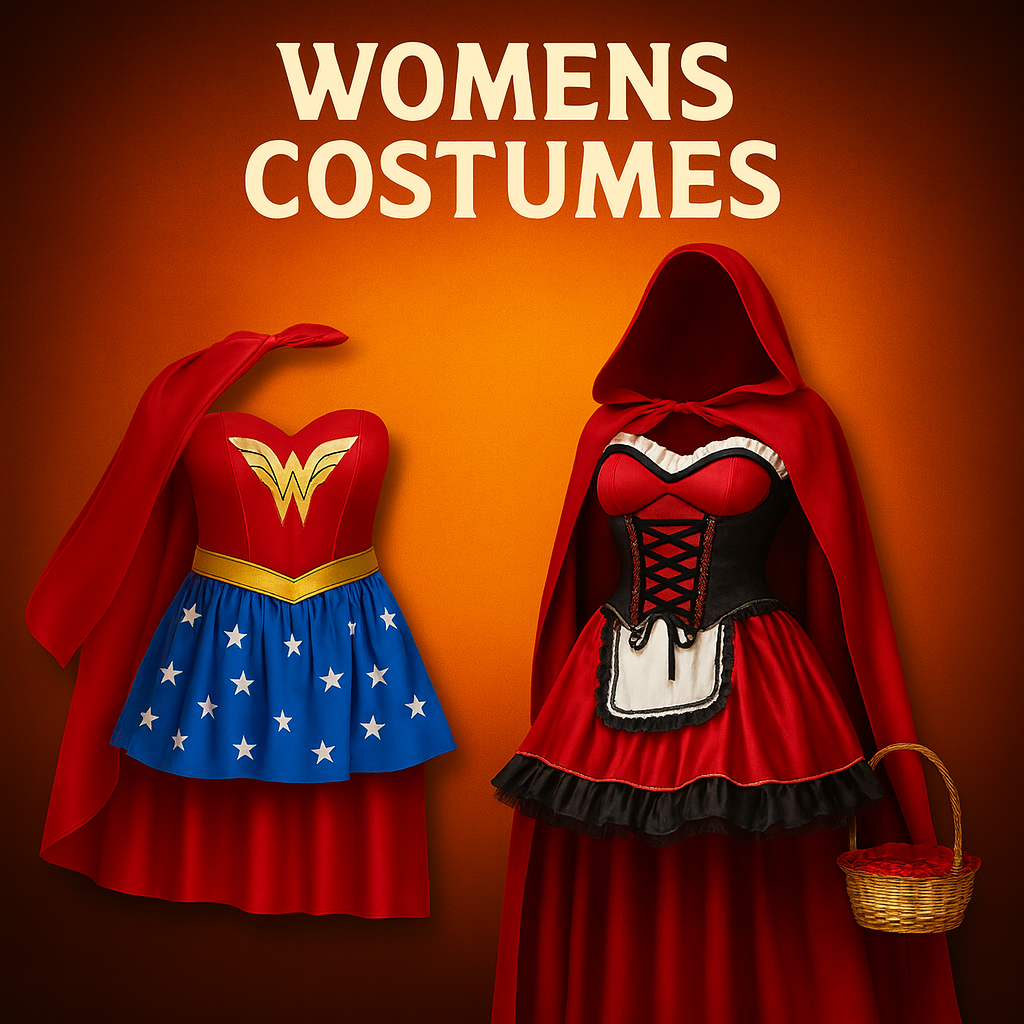 Women’s Halloween costumes — Wonder Woman and Red Riding Hood dresses.